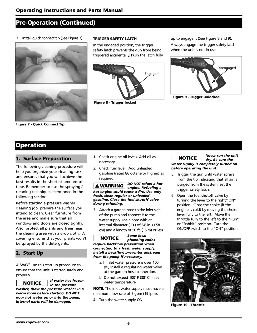 Campbell Hausfeld PW2770, PW4070, PW3270 warranty Operation, Trigger Safety Latch 