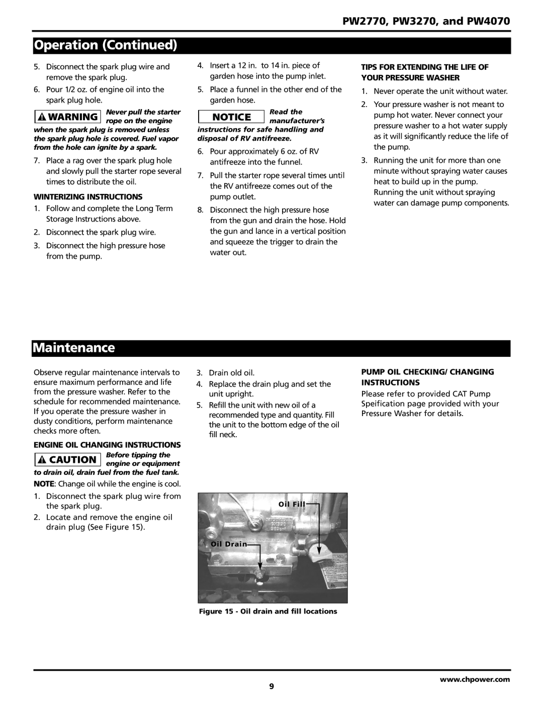 Campbell Hausfeld PW2770 Maintenance, Winterizing Instructions, Tips for Extending the Life of Your Pressure Washer 