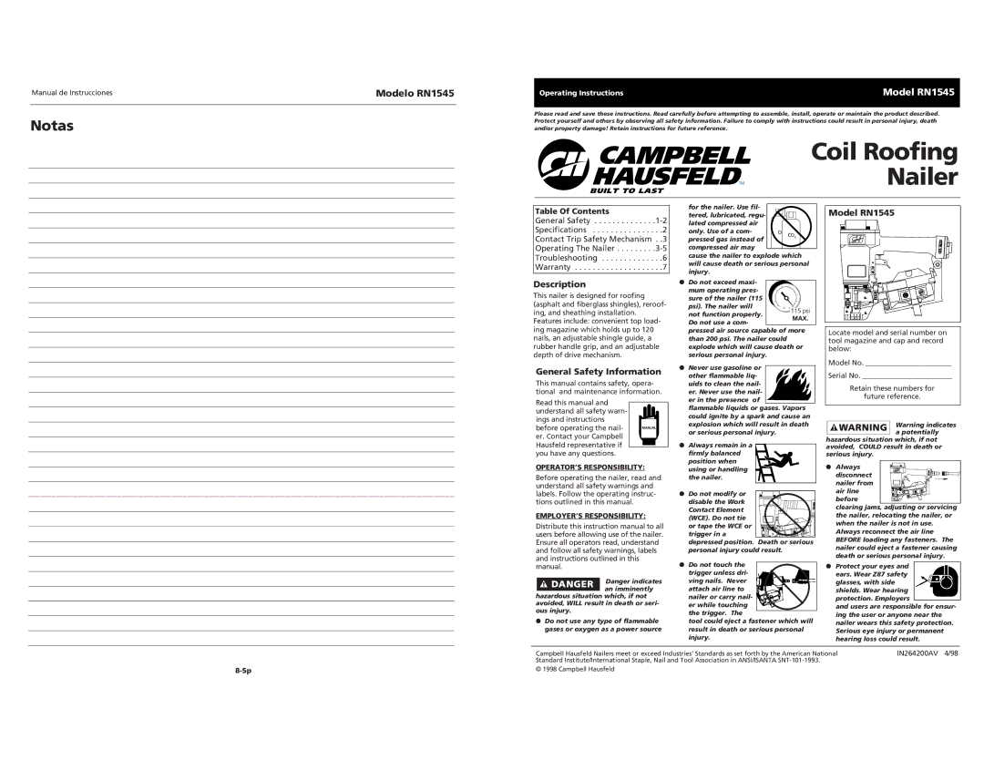 Campbell Hausfeld operating instructions Modelo RN1545, Description, General Safety Information, Model RN1545 