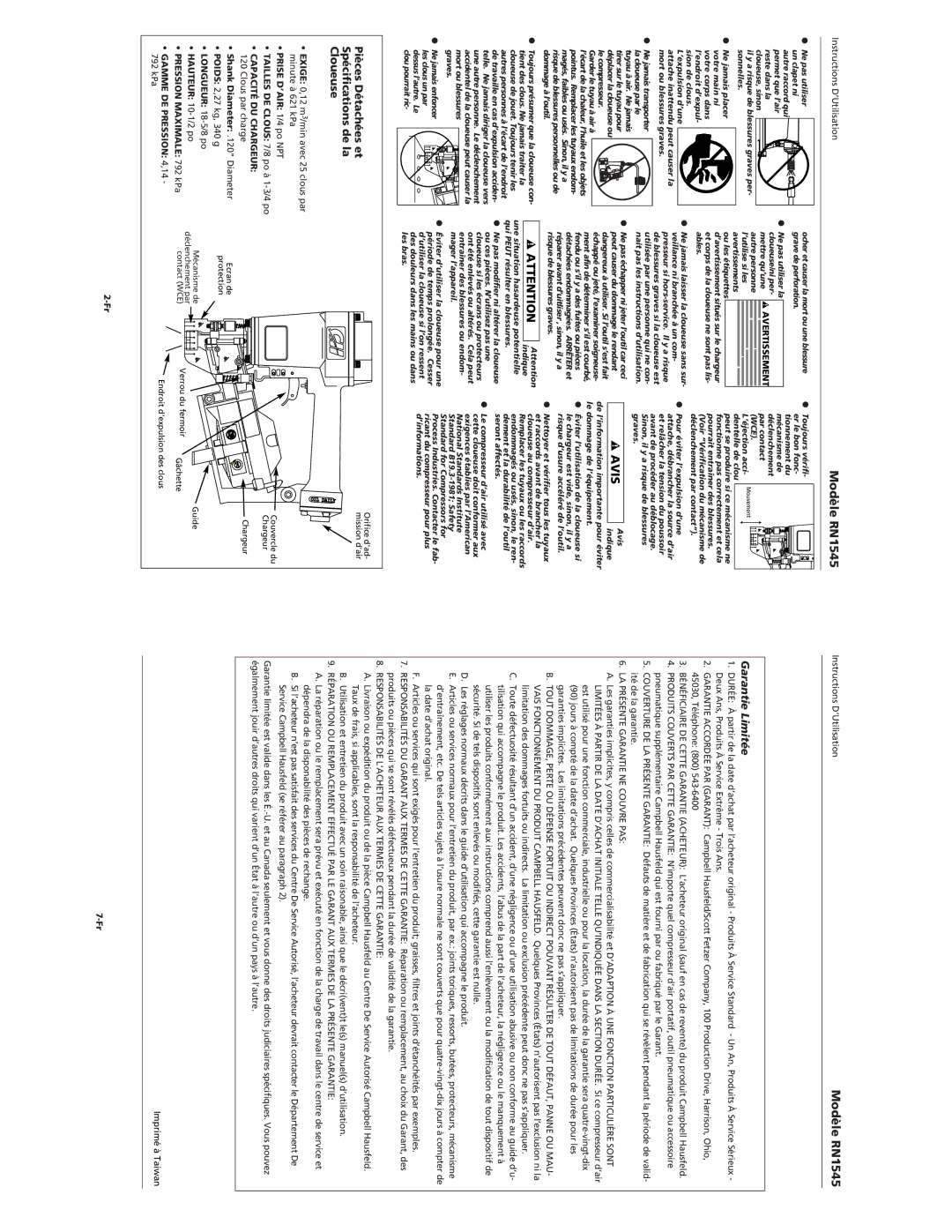 Campbell Hausfeld RN1545 Garantie Limitée, Pièces Détachées et, Spécifications de la Cloueuse, Capacité DU Chargeur 