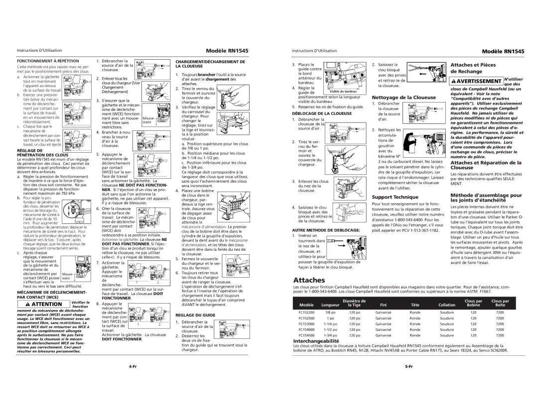 Campbell Hausfeld RN1545 operating instructions Attaches, Nettoyage de la Cloueuse, Support Technique, Interchangeabilité 