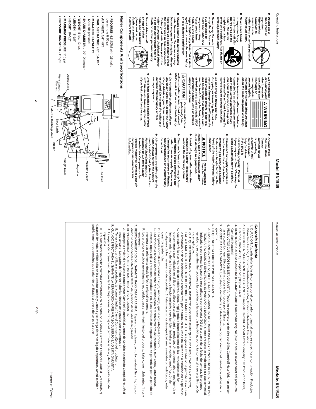 Campbell Hausfeld RN1545 Garantía Limitada, Nailer Components And Specifications, AIR Inlet 1/4 NPT, Magazine Capacity 