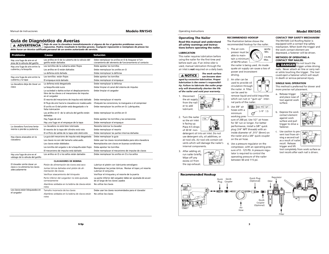 Campbell Hausfeld RN1545 Guía de Diagnóstico de Averías, Operating The Nailer, Recommended Hookup, Problema Causa Solución 