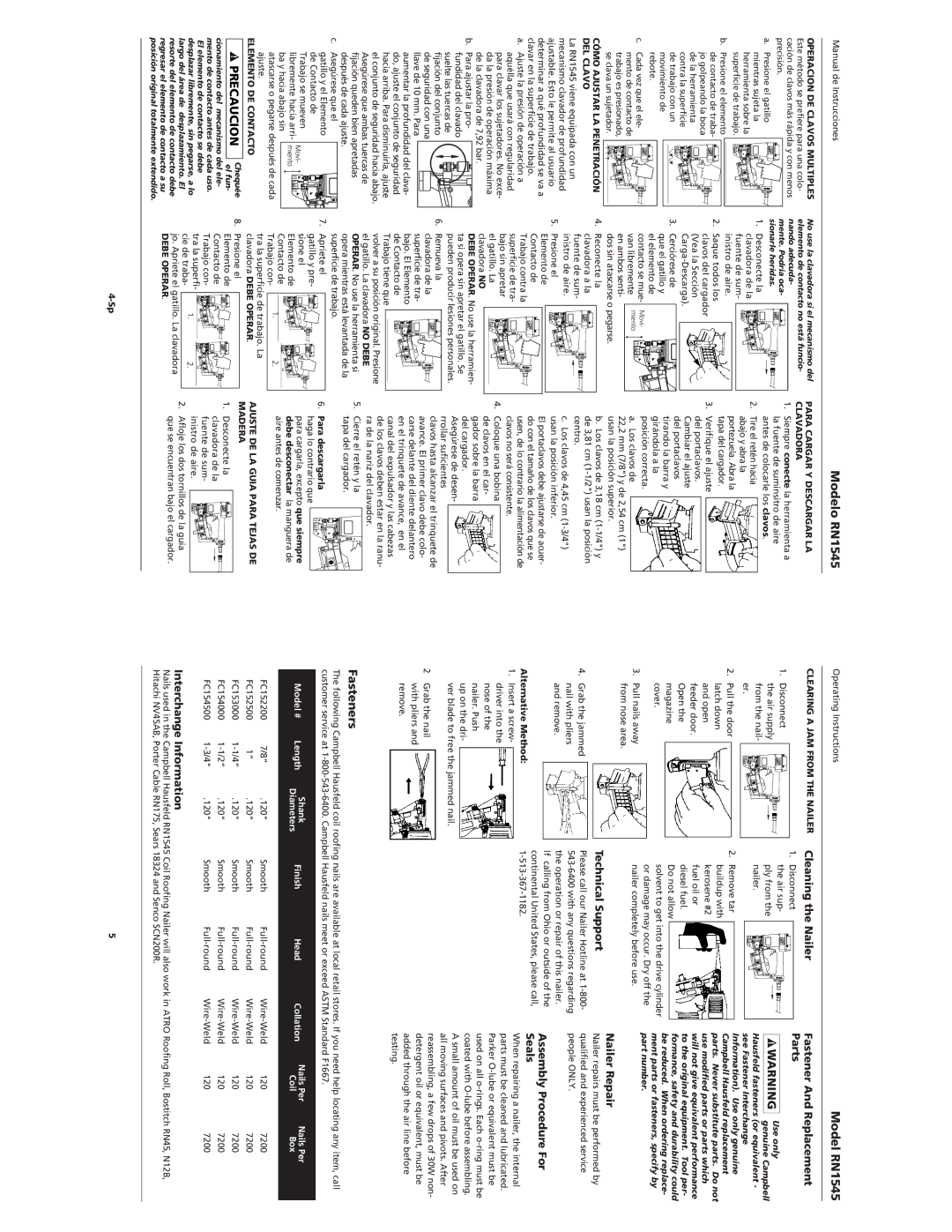 Campbell Hausfeld RN1545 Precaucion Chequée, Cleaning the Nailer Fastener And Replacement, Parts, Assembly Procedure For 