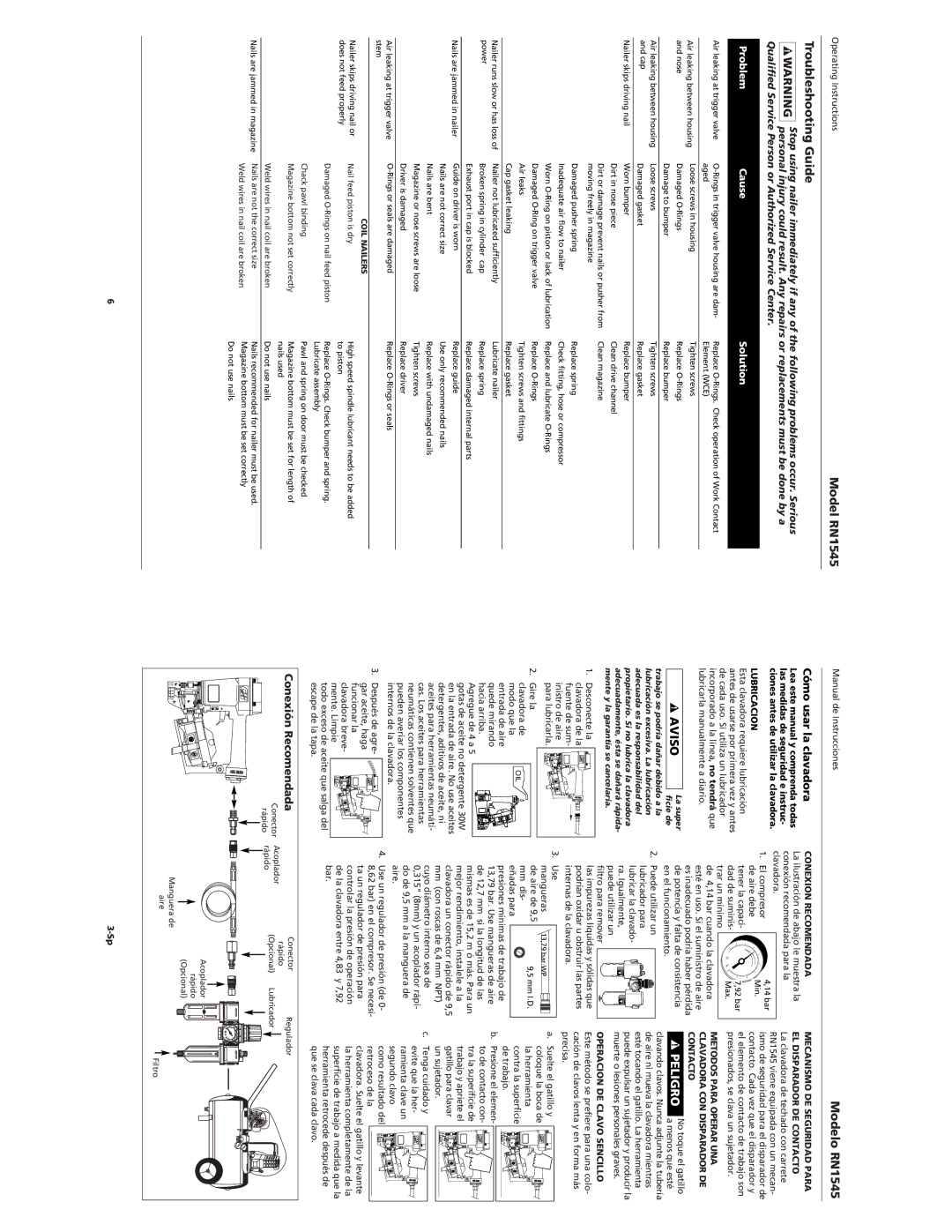 Campbell Hausfeld RN1545 Troubleshooting Guide, Cómo usar la clavadora, Conexión Recomendada, Problem Cause Solution 