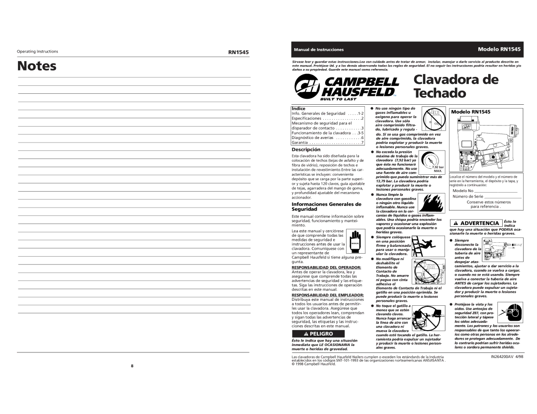 Campbell Hausfeld RN1545 operating instructions Descripción, Informaciones Generales de Seguridad, Índice 