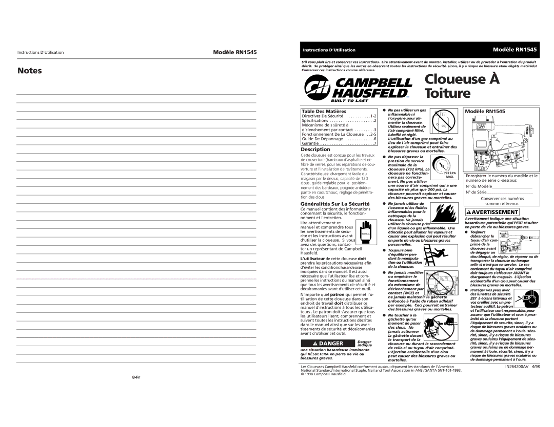Campbell Hausfeld Modèle RN1545, Généralités Sur La Sécurité, Table Des Matières, Instructions D’Utilisation 
