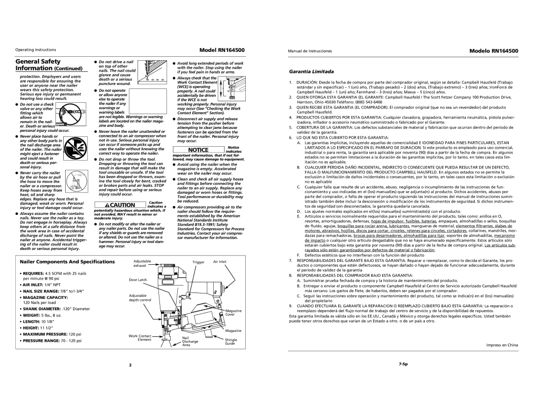 Campbell Hausfeld RN164500 General Safety Information, Garantía Limitada, Nailer Components And Specifications 