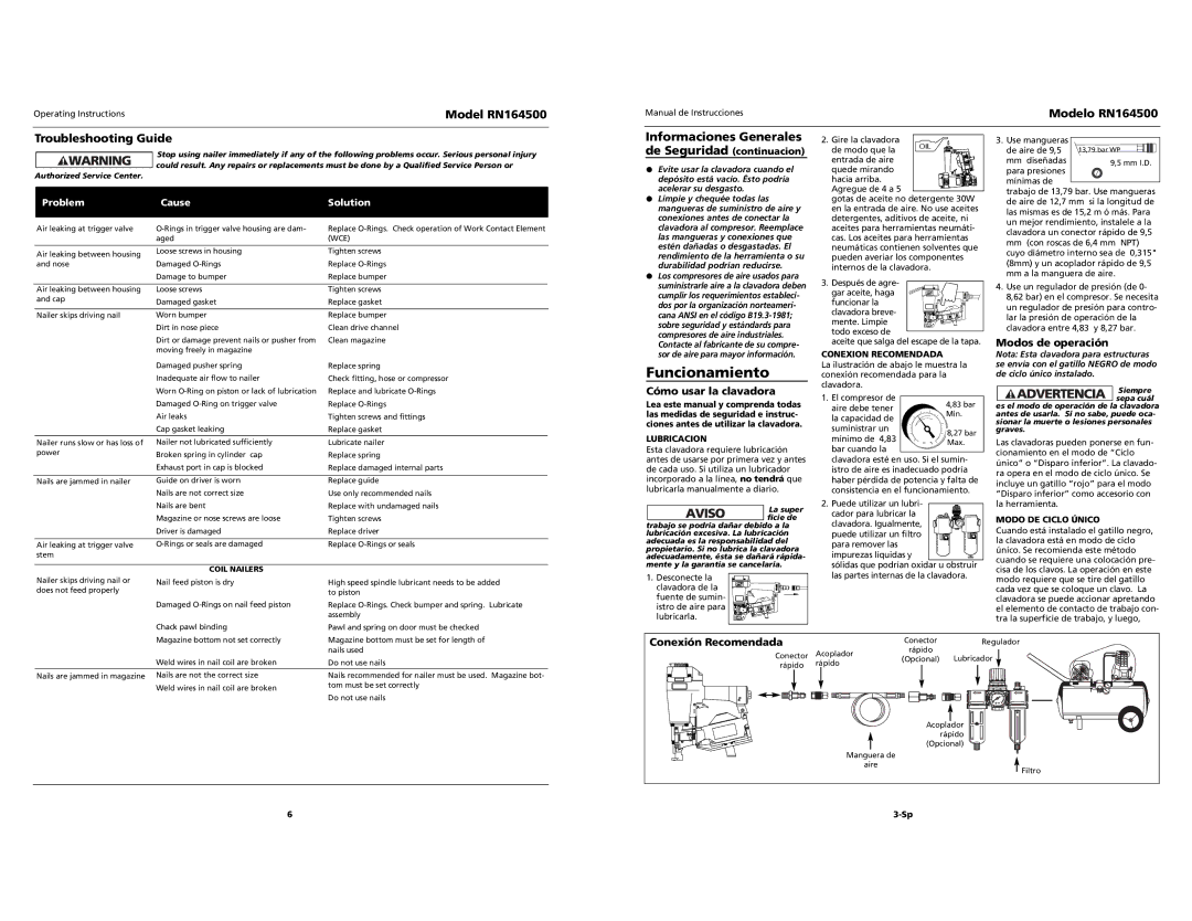 Campbell Hausfeld RN164500 Troubleshooting Guide, Cómo usar la clavadora, Modos de operación, Conexión Recomendada 