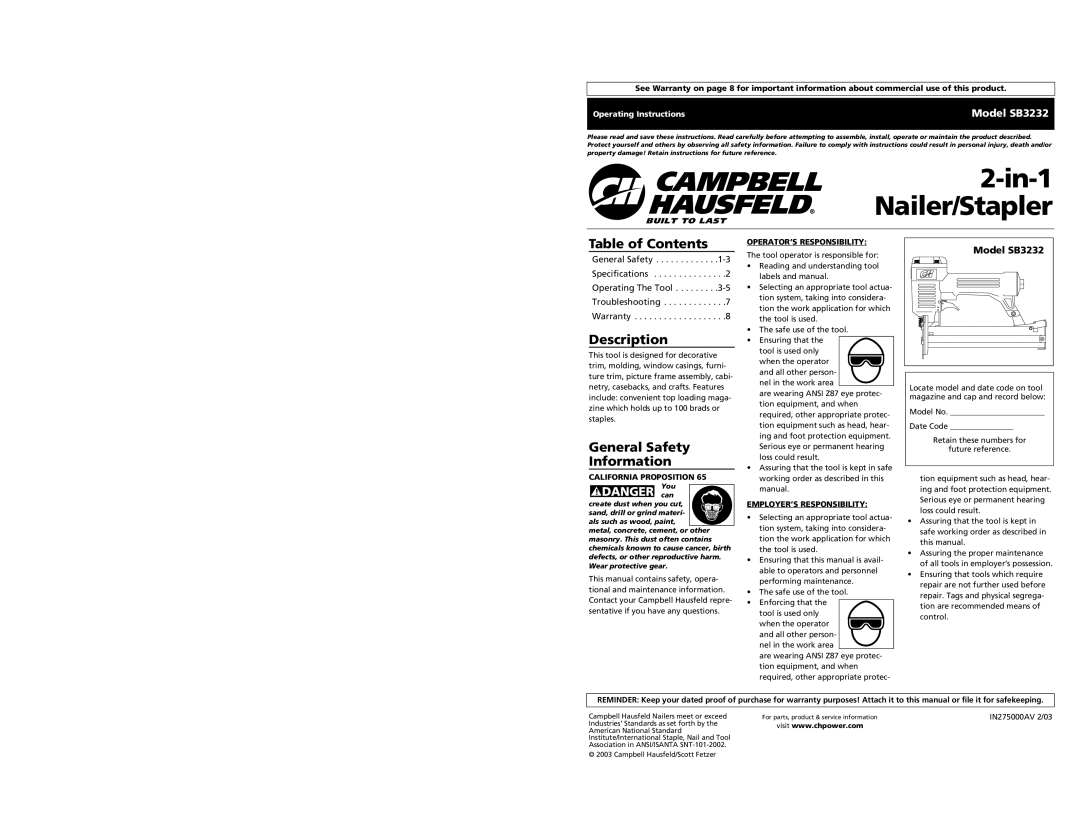 Campbell Hausfeld SB3232 specifications Table of Contents, Description, General Safety Information 