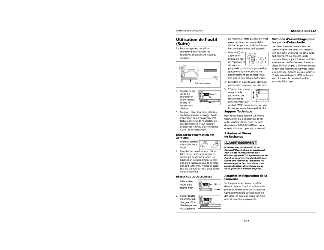 Campbell Hausfeld SB3232 Support Technique, Attaches et Pièces de Rechange, Attaches et Réparation de la Cloueuse 