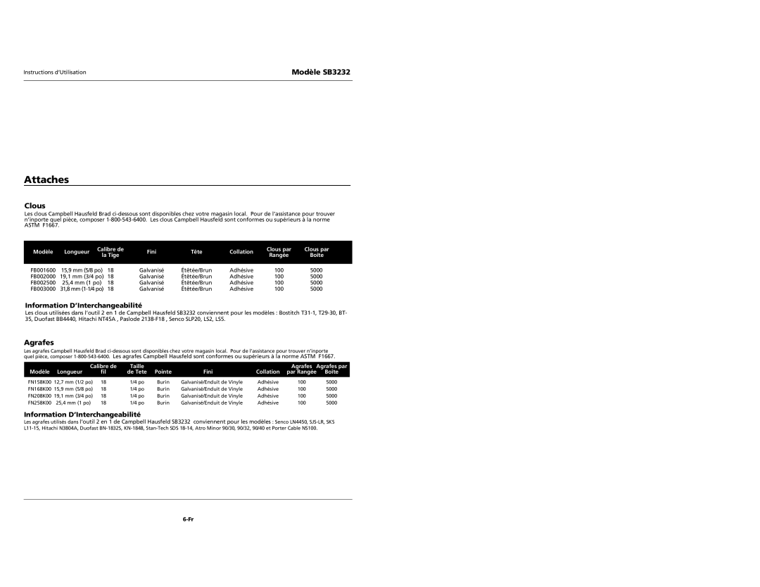 Campbell Hausfeld SB3232 specifications Attaches, Clous, Information D’Interchangeabilité, Agrafes 