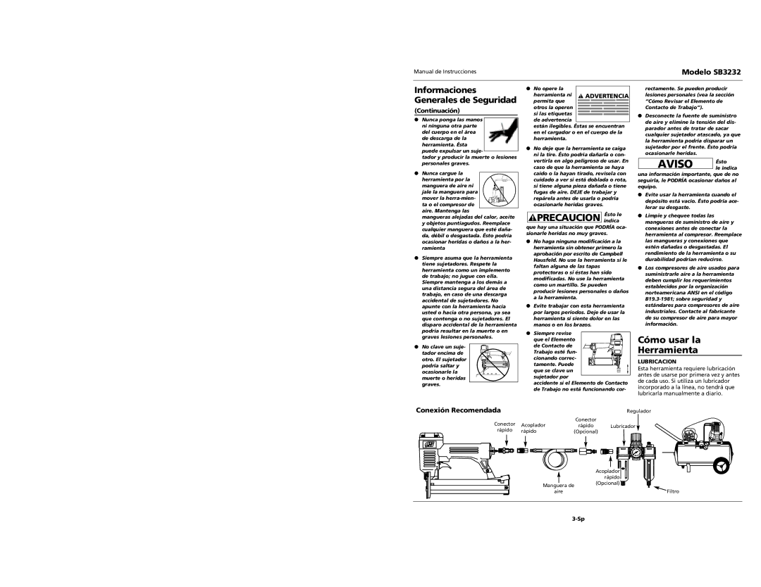 Campbell Hausfeld SB3232 specifications Precaucion Ésto le, Cómo usar la Herramienta, Conexión Recomendada, Lubricacion 