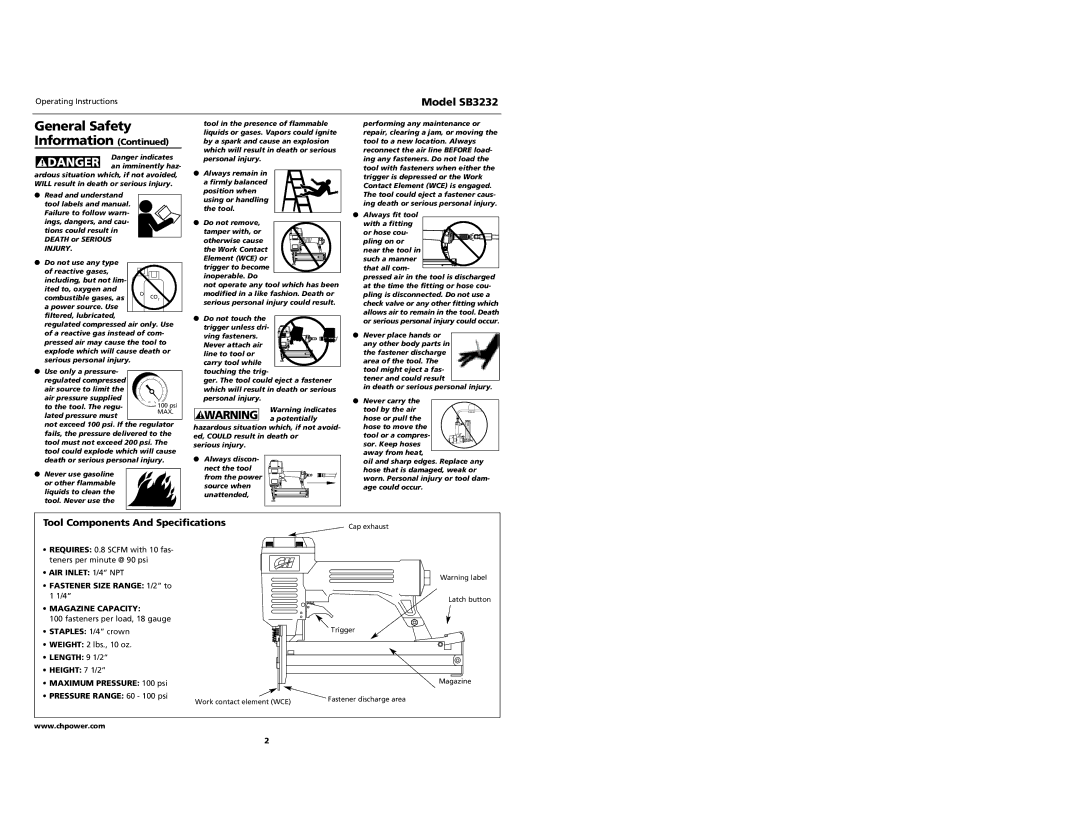 Campbell Hausfeld specifications Model SB3232, Tool Components And Specifications, AIR Inlet 1/4 NPT, Magazine Capacity 