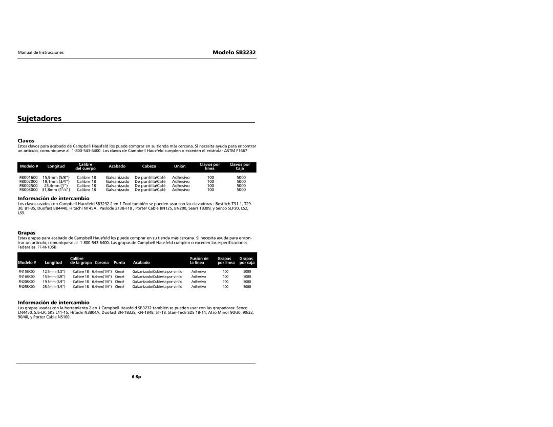 Campbell Hausfeld SB3232 specifications Sujetadores, Clavos, Información de intercambio, Grapas 