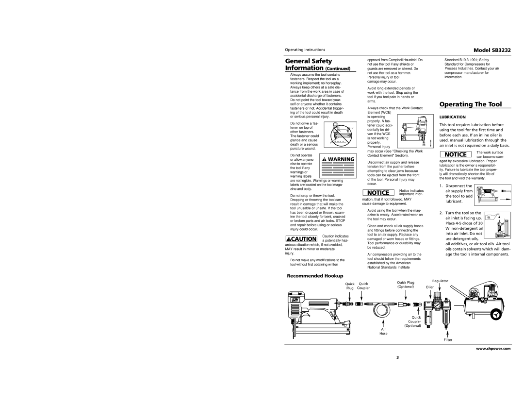 Campbell Hausfeld SB3232 specifications Operating The Tool, Recommended Hookup, Lubrication 