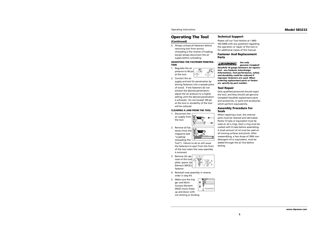 Campbell Hausfeld SB3232 Technical Support, Fastener And Replacement Parts, Tool Repair, Assembly Procedure For Seals 