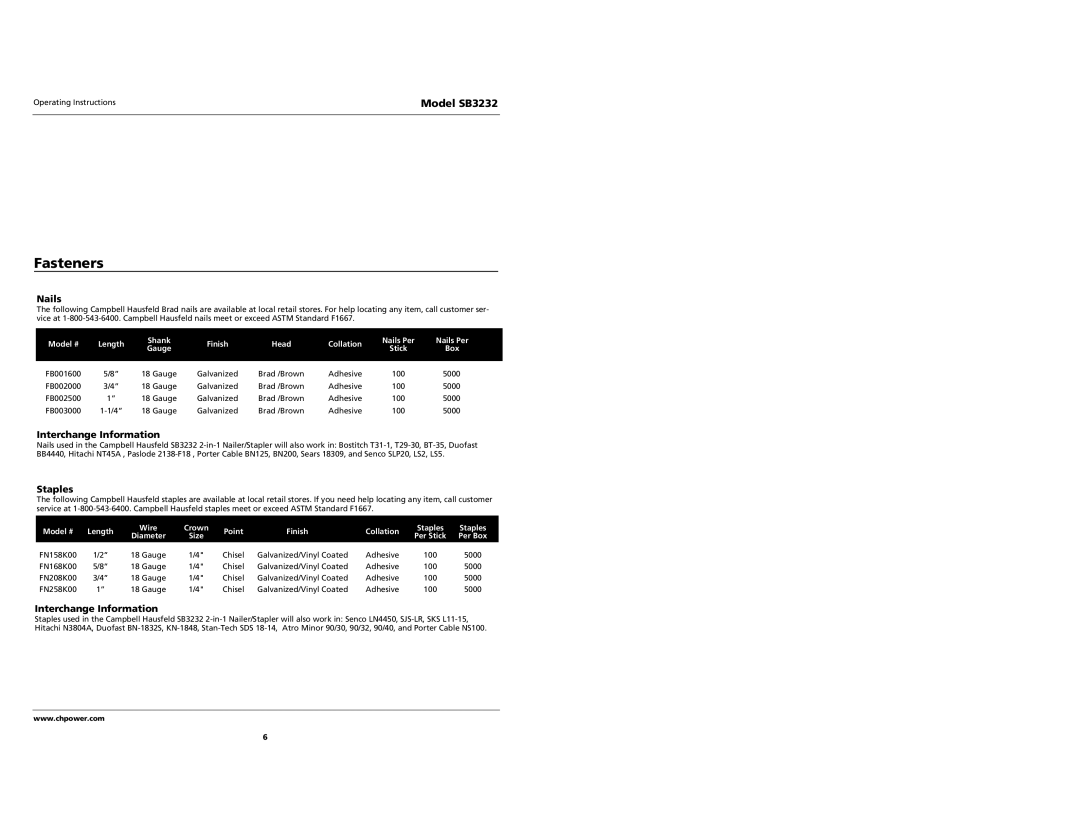 Campbell Hausfeld SB3232 specifications Fasteners, Nails, Interchange Information, Staples 