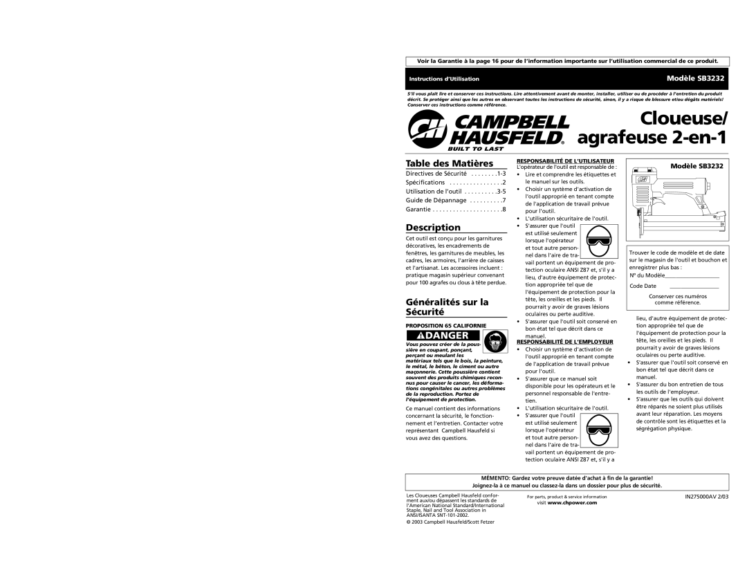 Campbell Hausfeld SB3232 specifications Table des Matières, Généralités sur la Sécurité, Proposition 65 Californie 