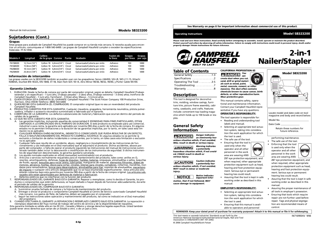 Campbell Hausfeld SB323200 specifications Sujetadores, Table of Contents, Description, General Safety Information 