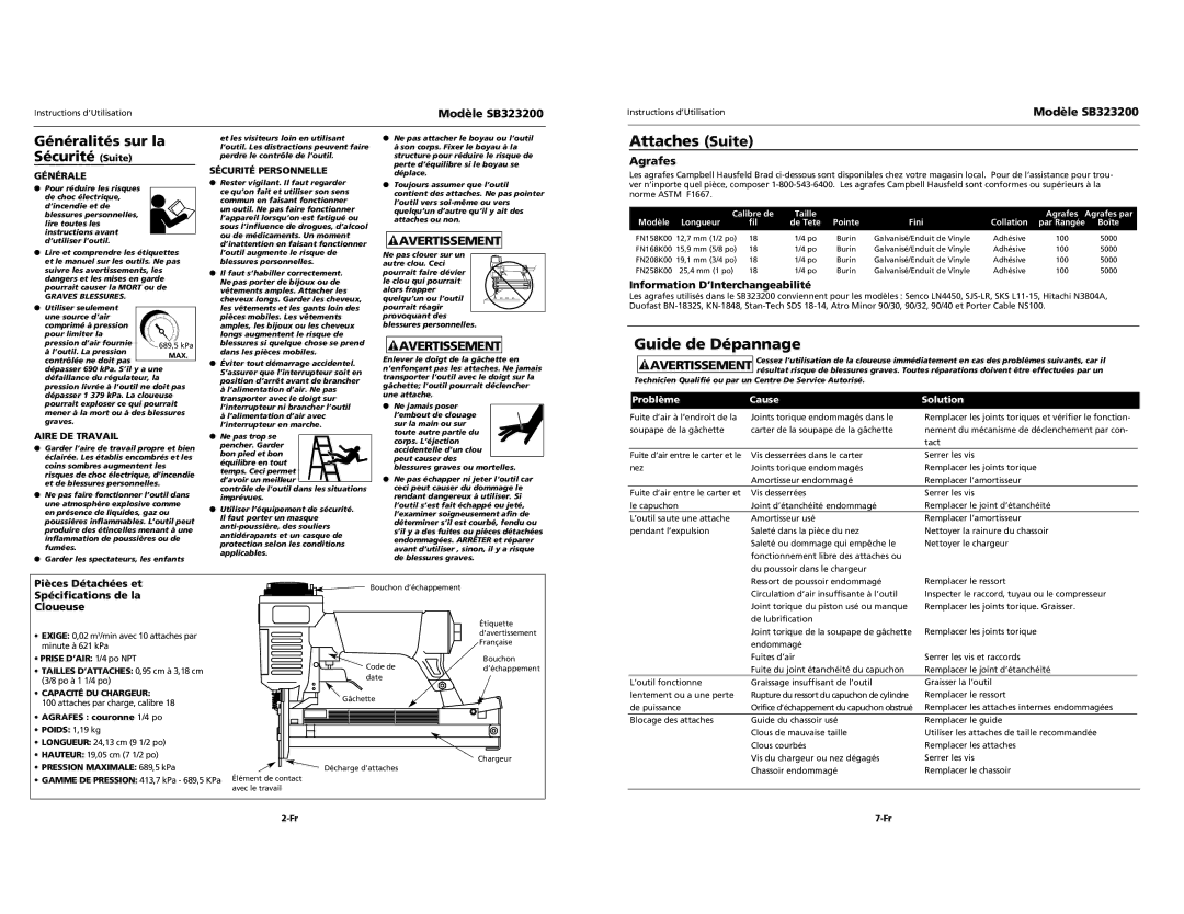 Campbell Hausfeld SB323200 specifications Attaches Suite, Guide de Dépannage, Généralités sur la Sécurité Suite 