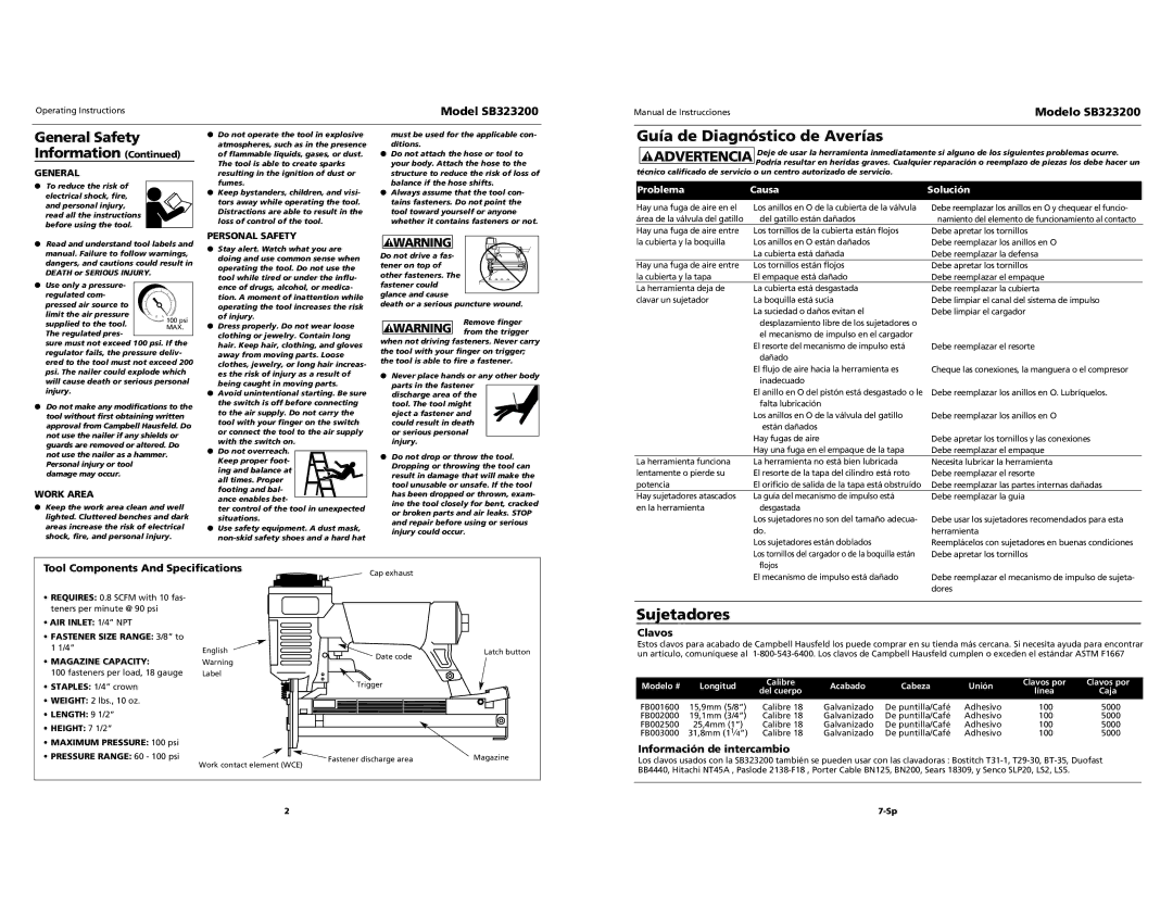 Campbell Hausfeld Guía de Diagnóstico de Averías, Model SB323200, Tool Components And Specifications, Clavos 