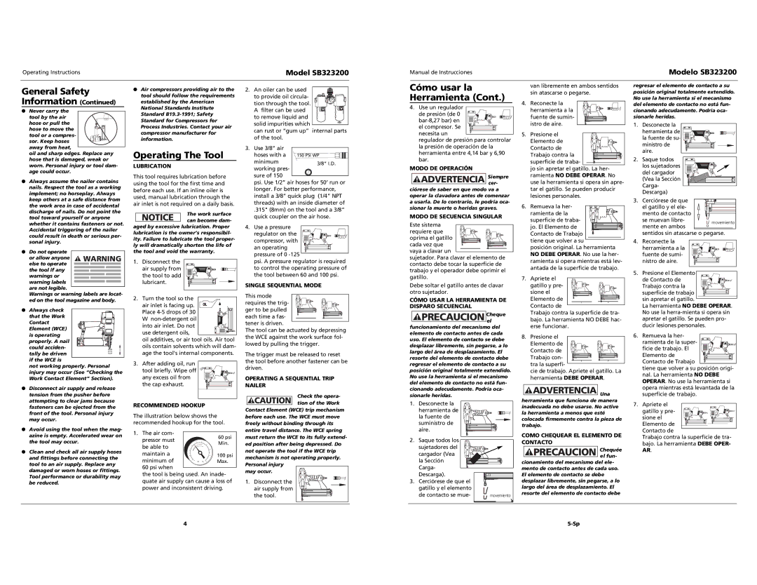 Campbell Hausfeld SB323200 specifications Operating The Tool, Advertencia Una 