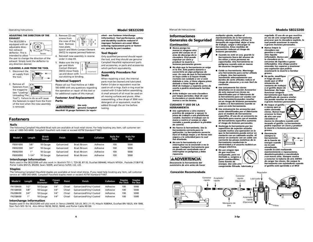 Campbell Hausfeld SB323200 specifications Fasteners 