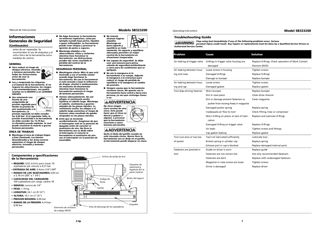 Campbell Hausfeld SB323200 Troubleshooting Guide, Componentes y specificaciones de la Herramienta, Área DE Trabajo 