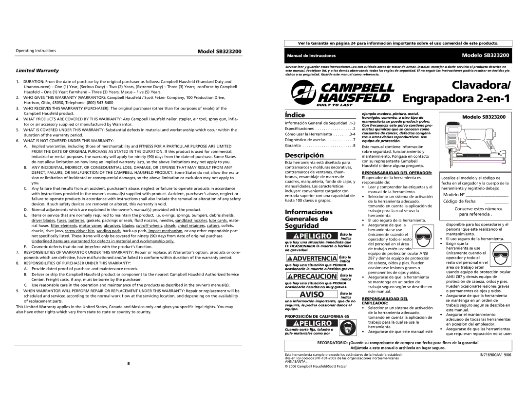 Campbell Hausfeld SB323200 specifications Precaucion Ésto le, Índice, Descripción, Informaciones Generales de Seguridad 