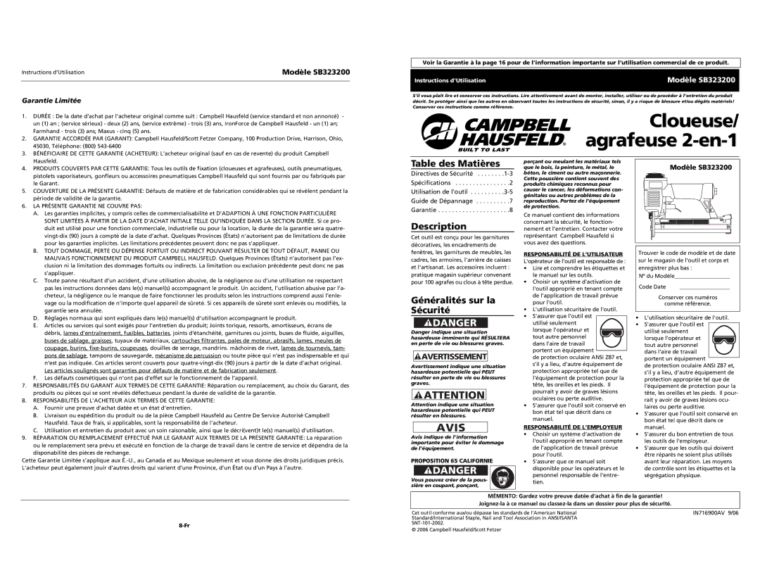 Campbell Hausfeld specifications Table des Matières, Généralités sur la Sécurité, Modèle SB323200, Garantie Limitée 