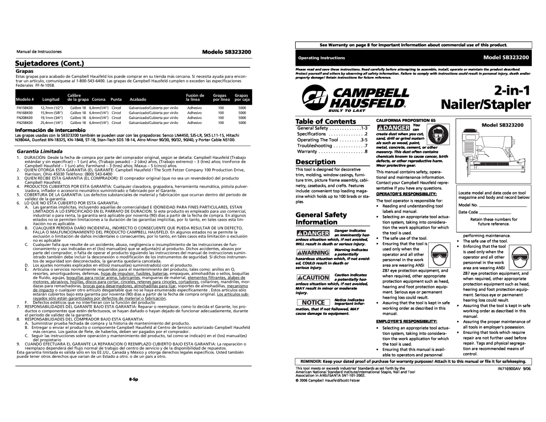 Campbell Hausfeld SB323200 specifications 2-in-1 Nailer/Stapler, Sujetadores Cont, Table of Contents, Description, Grapas 