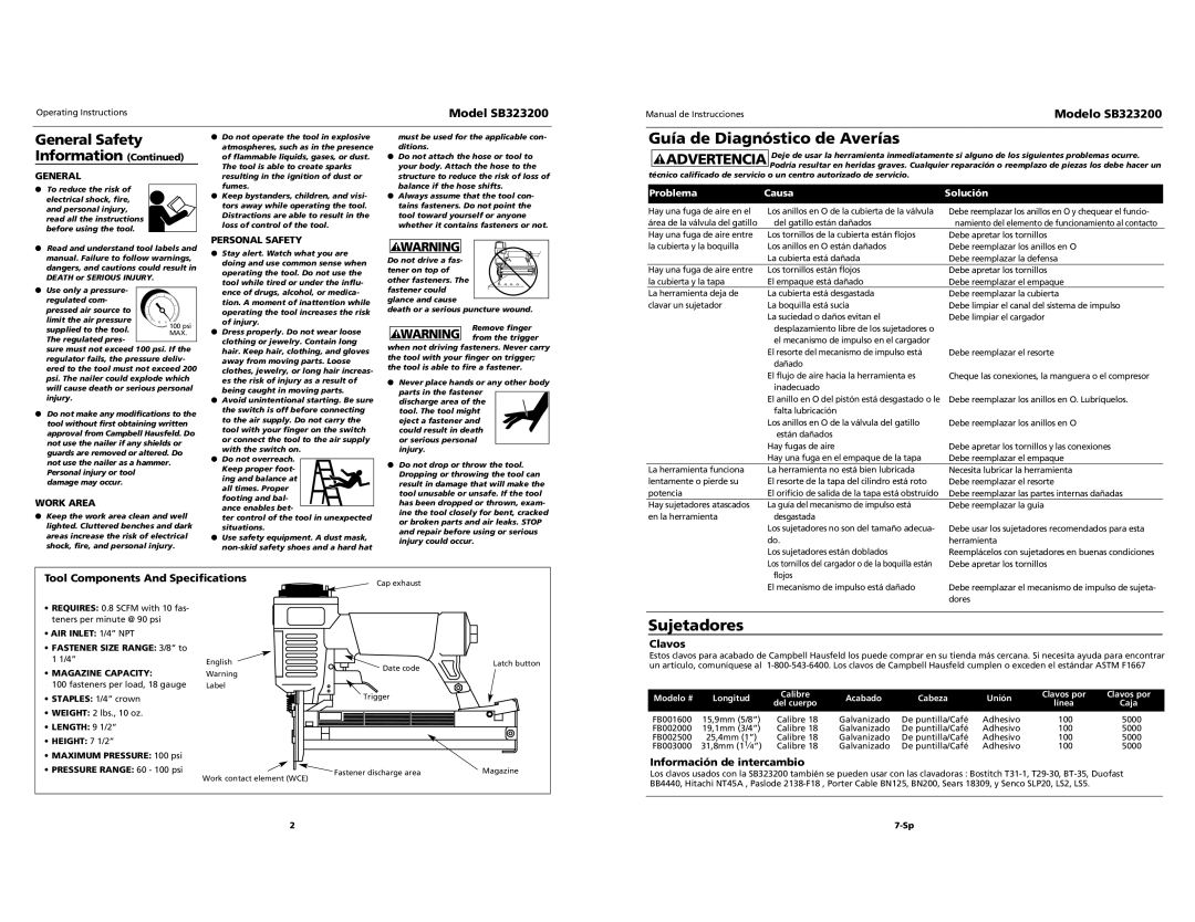 Campbell Hausfeld SB323200 Guía de Diagnóstico de Averías, Sujetadores, General Safety Information Continued, Clavos, 7-Sp 