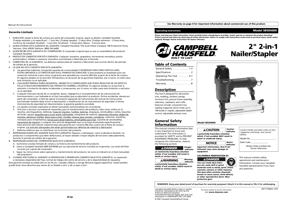 Campbell Hausfeld SB504000 specifications Table of Contents, Description, General Safety Information, Garantía Limitada 