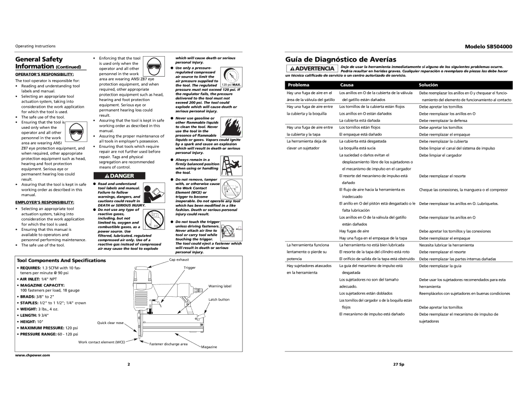 Campbell Hausfeld specifications Guía de Diagnóstico de Averías, Tool Components And Specifications, Modelo SB504000 