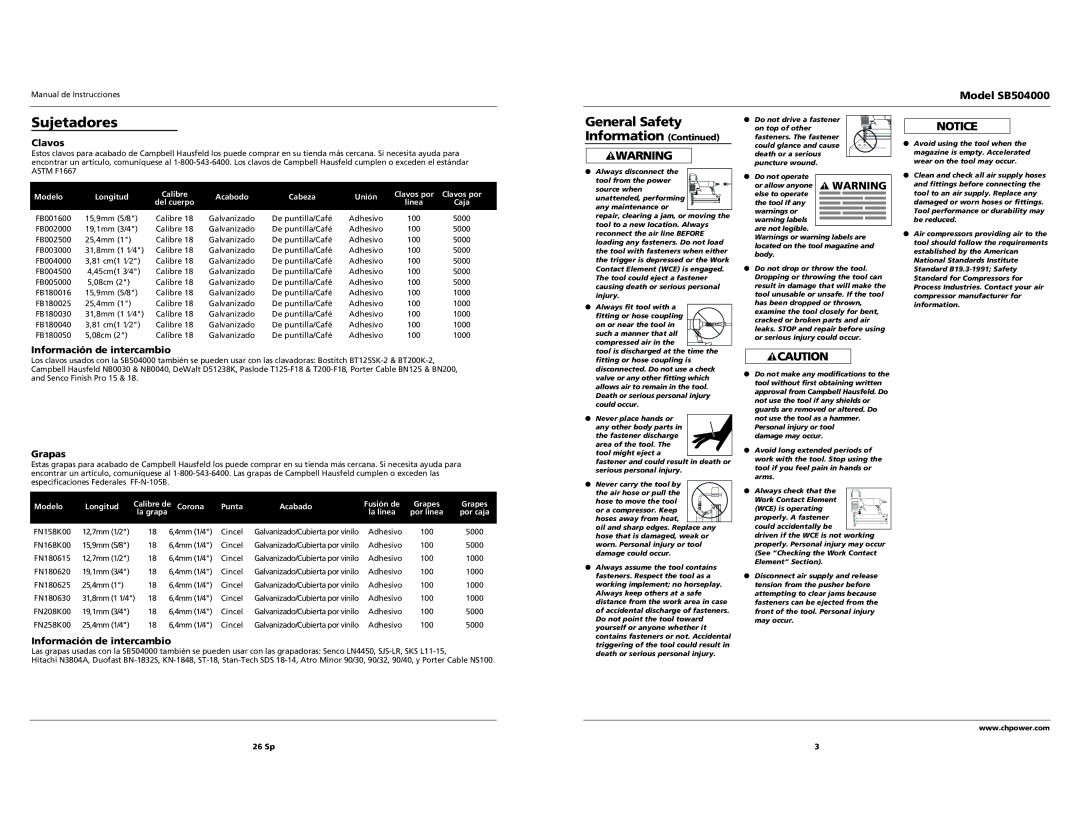 Campbell Hausfeld specifications Sujetadores, Model SB504000, Clavos, Información de intercambio, Grapas 