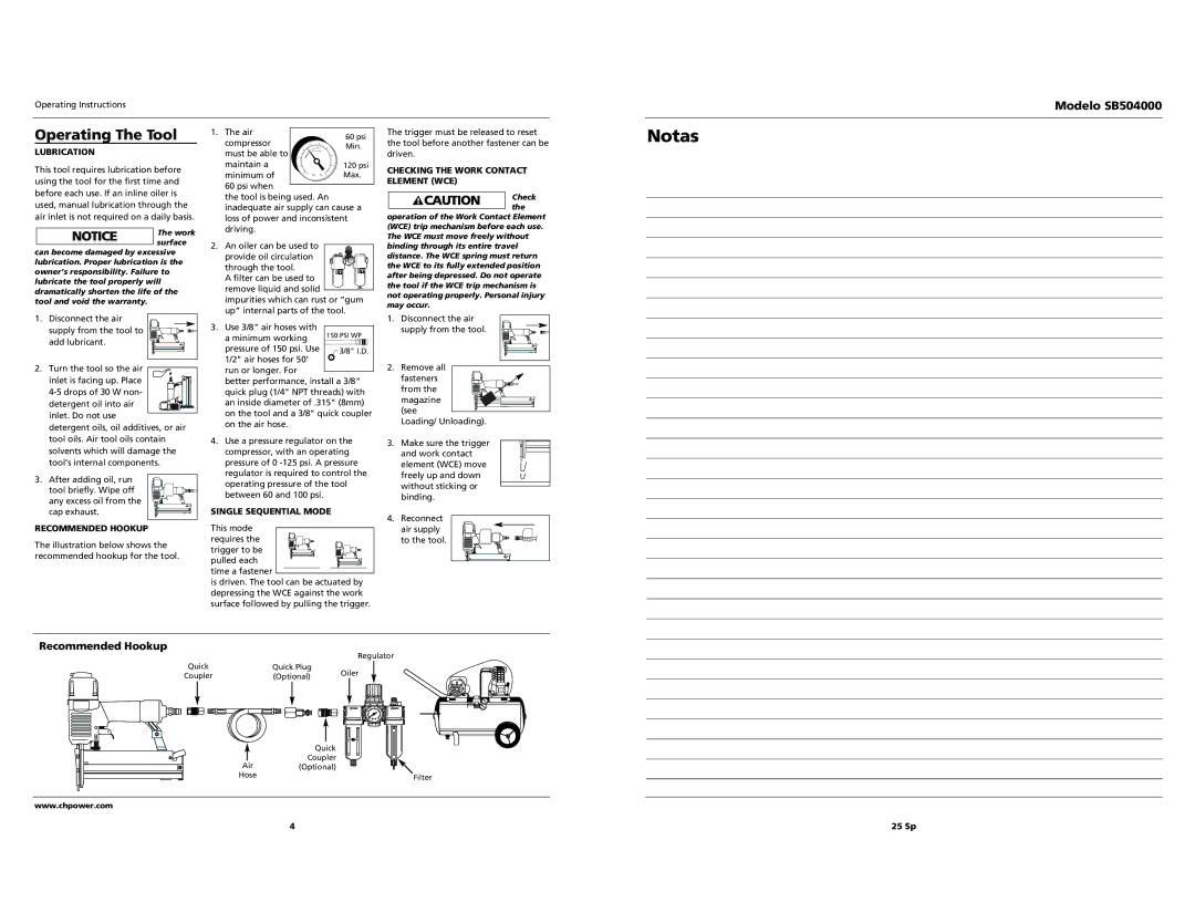 Campbell Hausfeld SB504000 specifications Operating The Tool, Recommended Hookup 