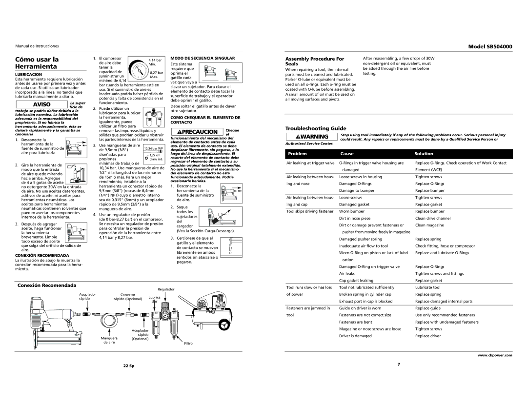 Campbell Hausfeld SB504000 specifications Assembly Procedure For Seals, Troubleshooting Guide, Conexión Recomendada 