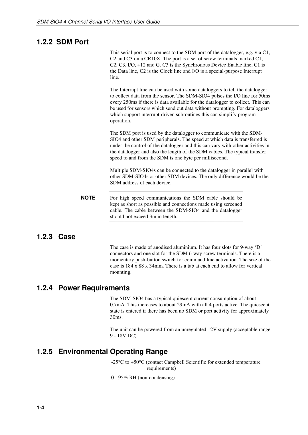 Campbell Hausfeld SDM-SIO4 manual SDM Port, Case, Power Requirements, Environmental Operating Range 