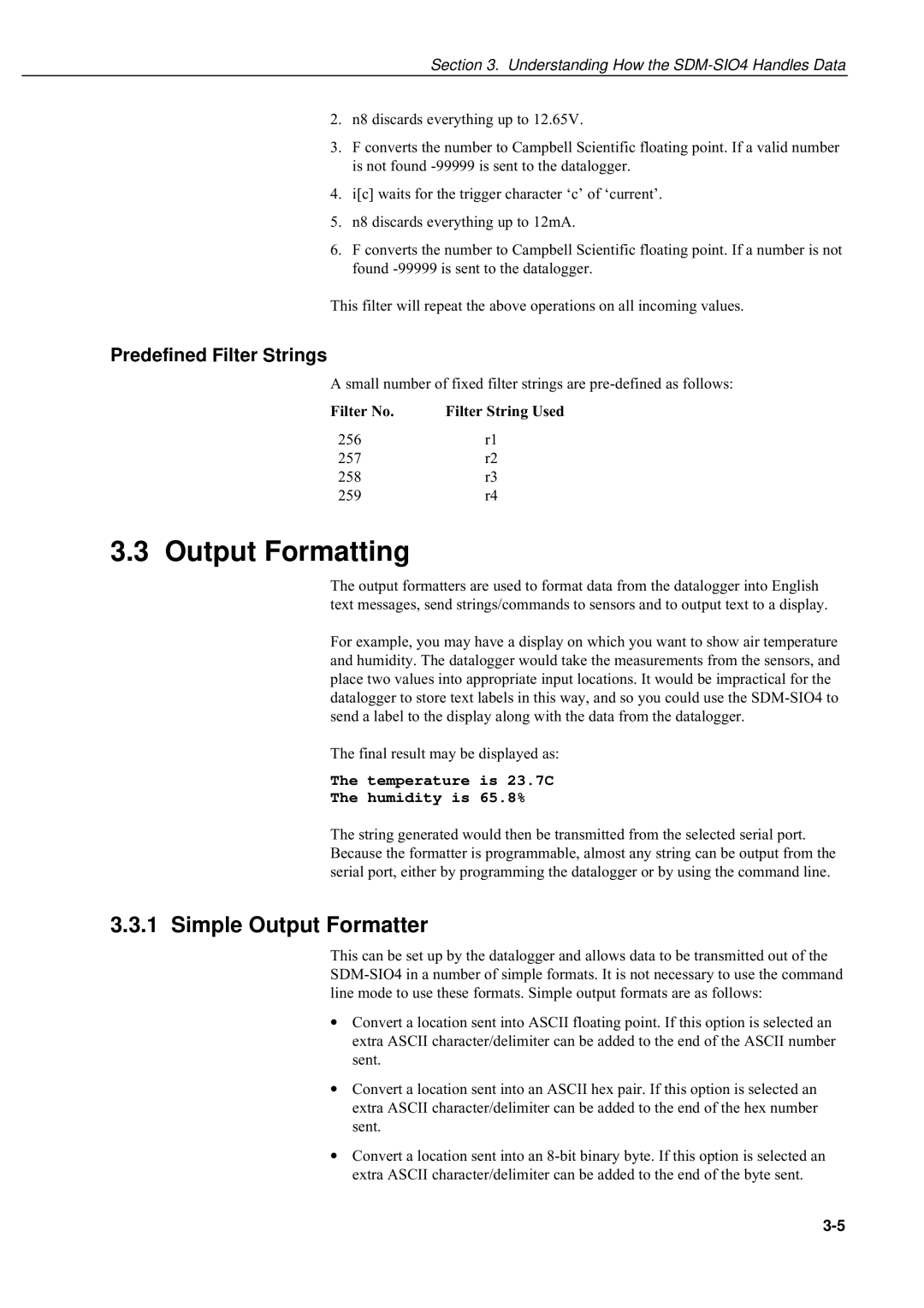 Campbell Hausfeld SDM-SIO4 manual Output Formatting, Simple Output Formatter, Predefined Filter Strings 