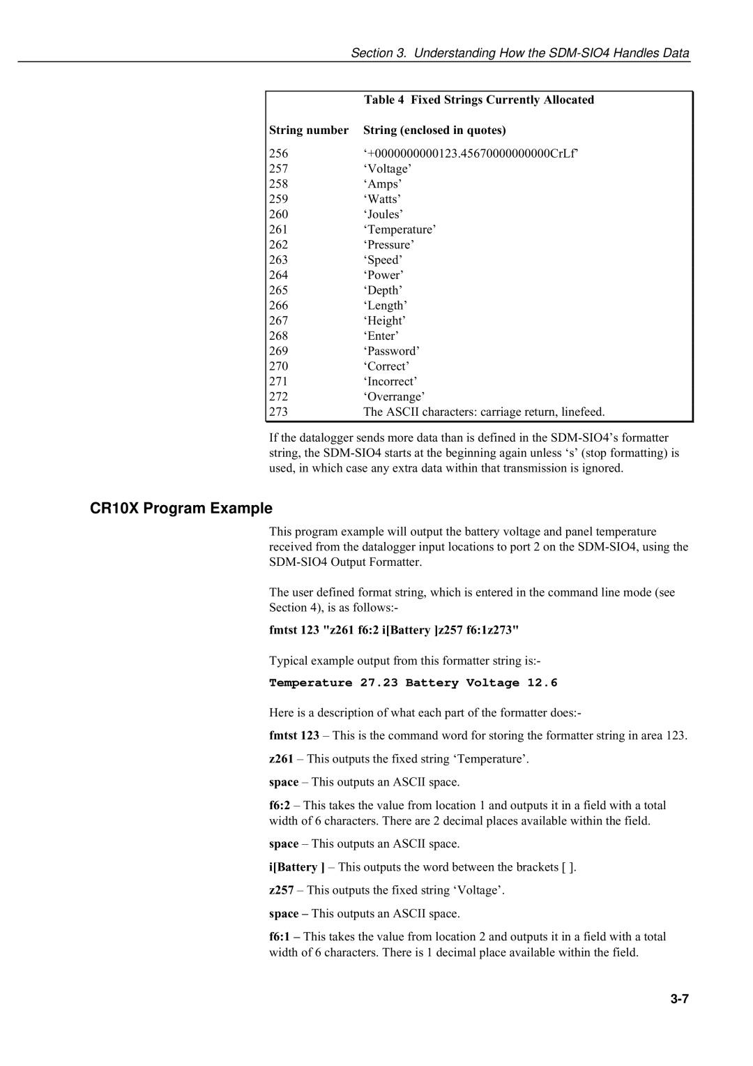 Campbell Hausfeld SDM-SIO4 manual CR10X Program Example, Fmtst 123 z261 f62 iBattery z257 f61z273 