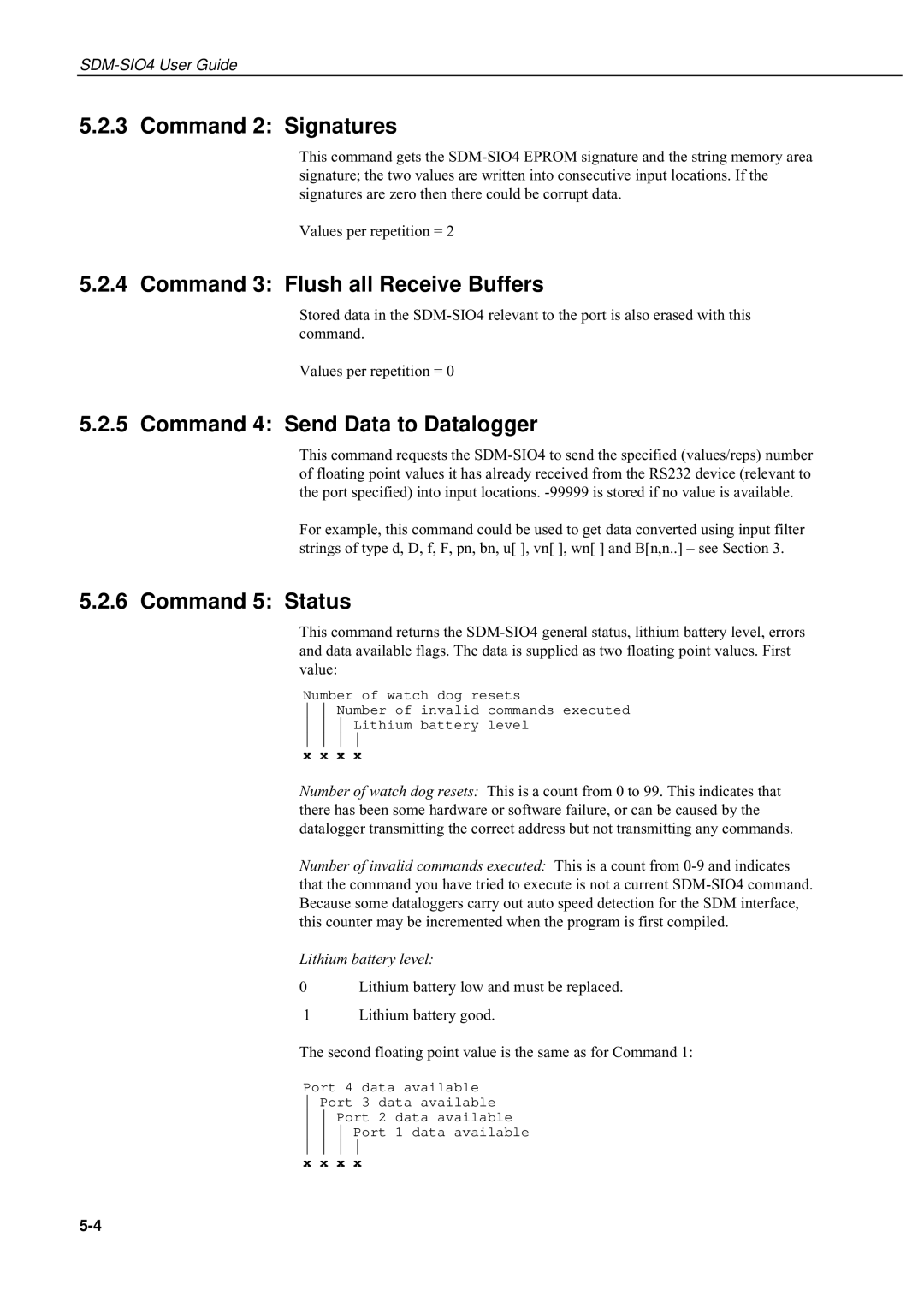 Campbell Hausfeld SDM-SIO4 Command 2 Signatures, Command 3 Flush all Receive Buffers, Command 4 Send Data to Datalogger 