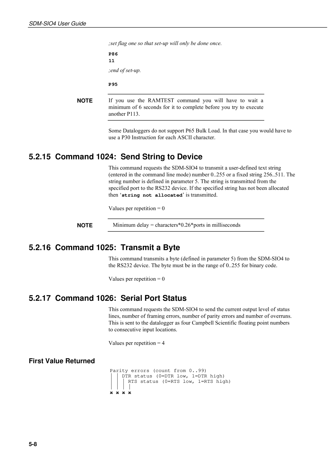 Campbell Hausfeld SDM-SIO4 manual Command 1024 Send String to Device, Command 1025 Transmit a Byte, First Value Returned 