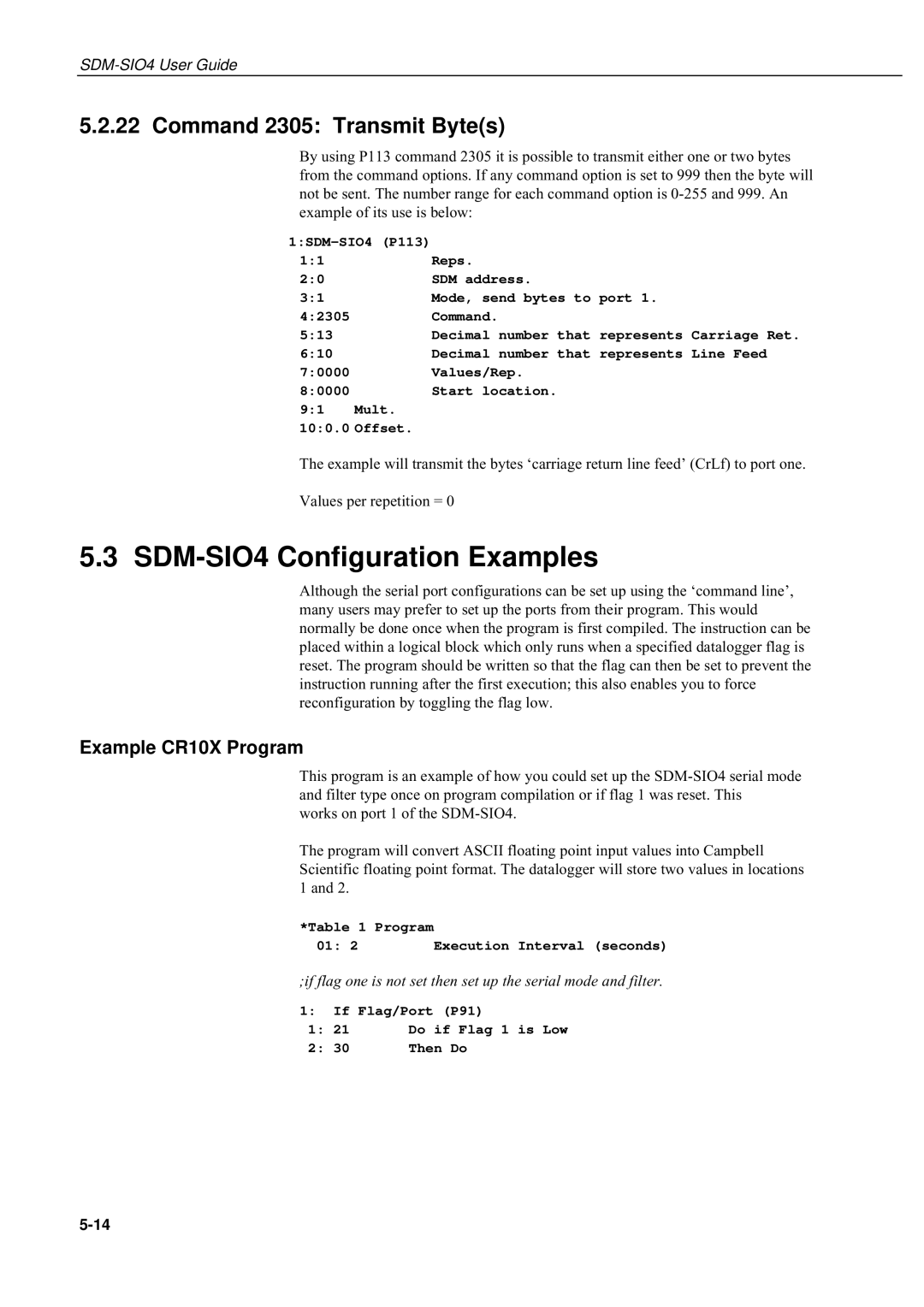 Campbell Hausfeld manual SDM-SIO4 Configuration Examples, Command 2305 Transmit Bytes, Example CR10X Program 