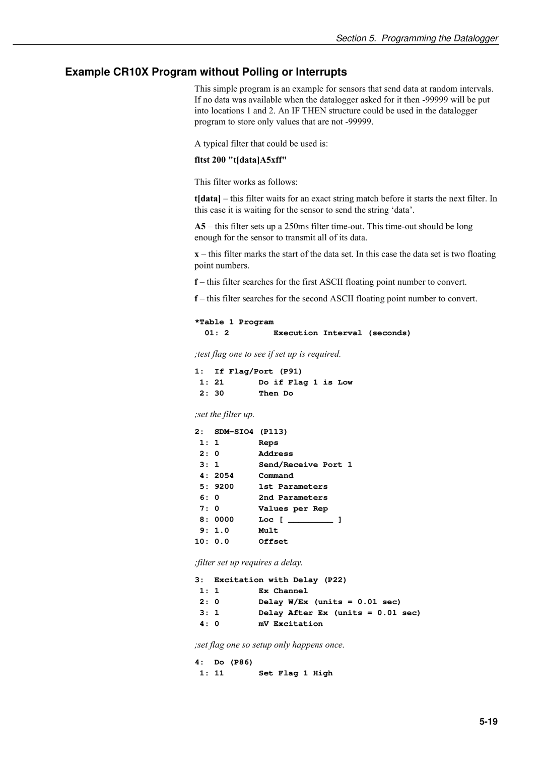 Campbell Hausfeld SDM-SIO4 manual Example CR10X Program without Polling or Interrupts, Fltst 200 tdataA5xff 