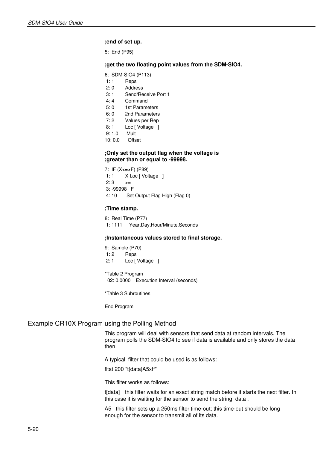 Campbell Hausfeld SDM-SIO4 manual Example CR10X Program using the Polling Method, End of set up 