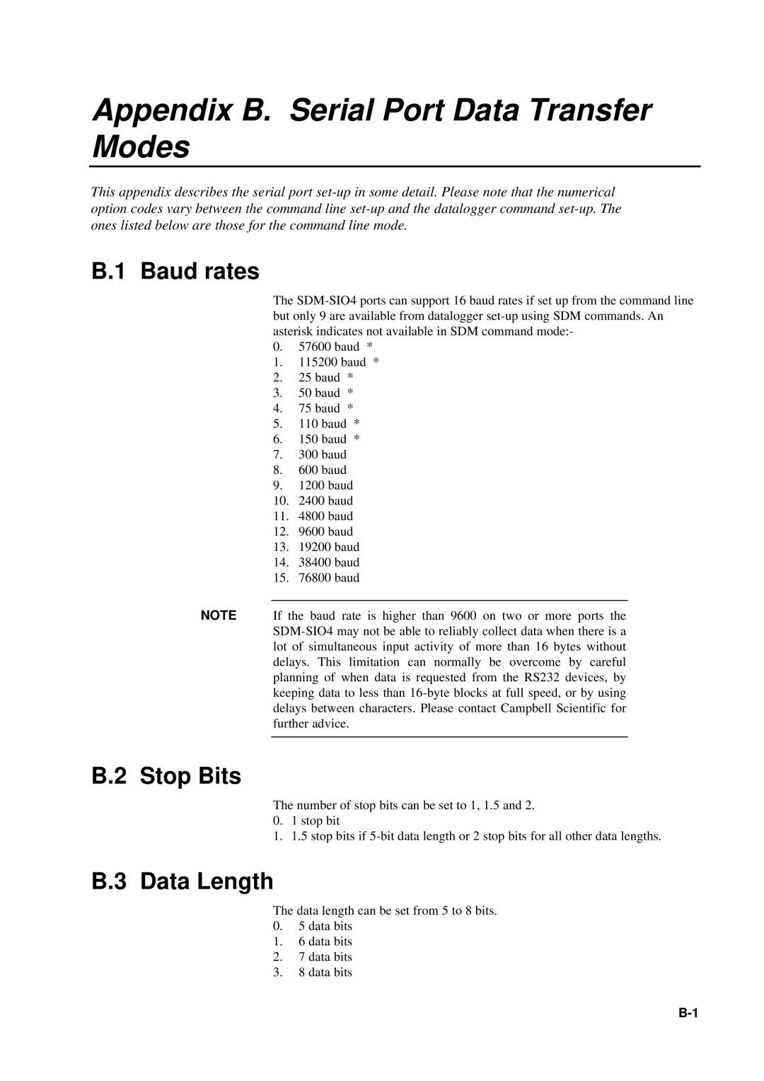 Campbell Hausfeld SDM-SIO4 manual Appendix B. Serial Port Data Transfer Modes, Baud rates, Stop Bits, Data Length 