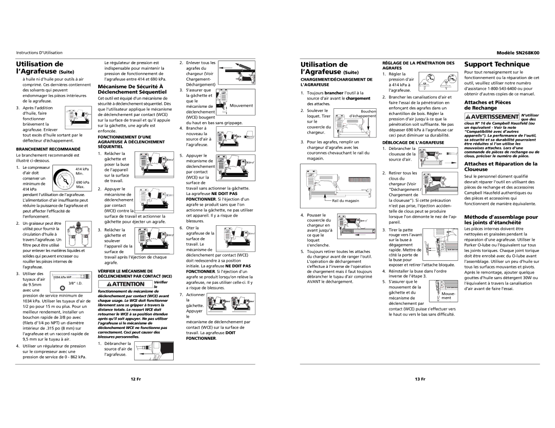 Campbell Hausfeld SN268K00 operating instructions Utilisation de l’Agrafeuse Suite, Support Technique 