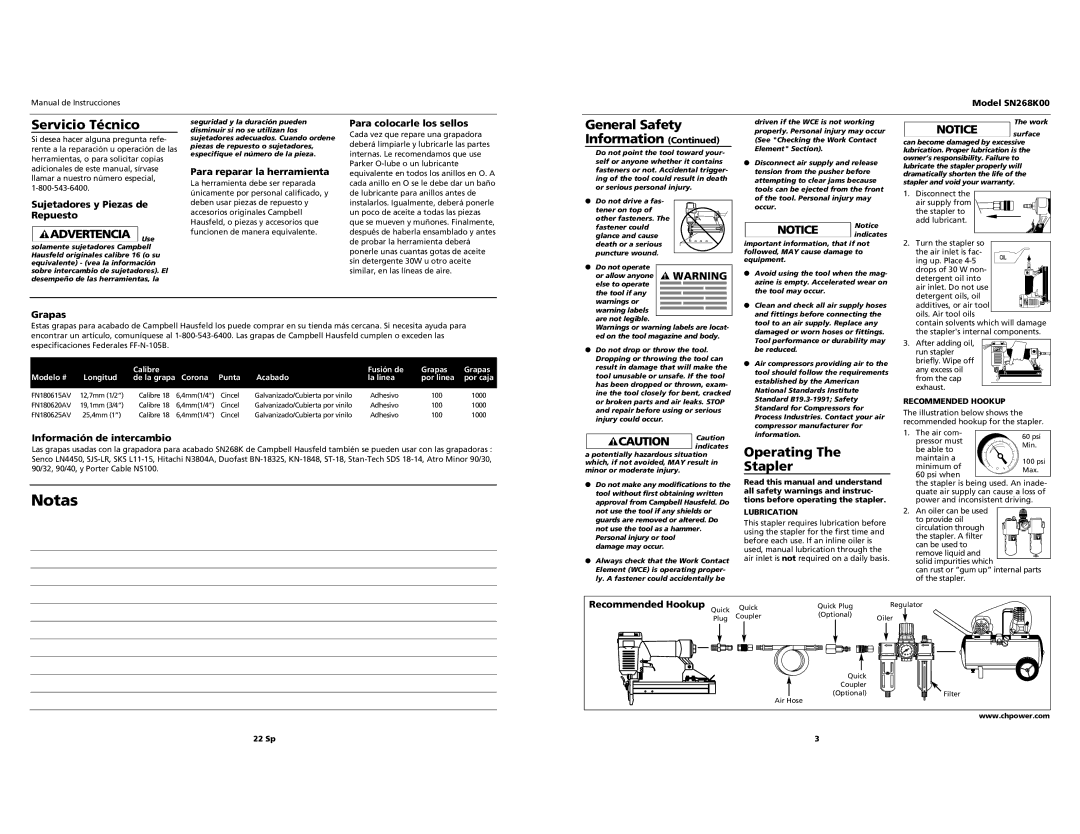 Campbell Hausfeld SN268K00 operating instructions Servicio Técnico, Operating Stapler 