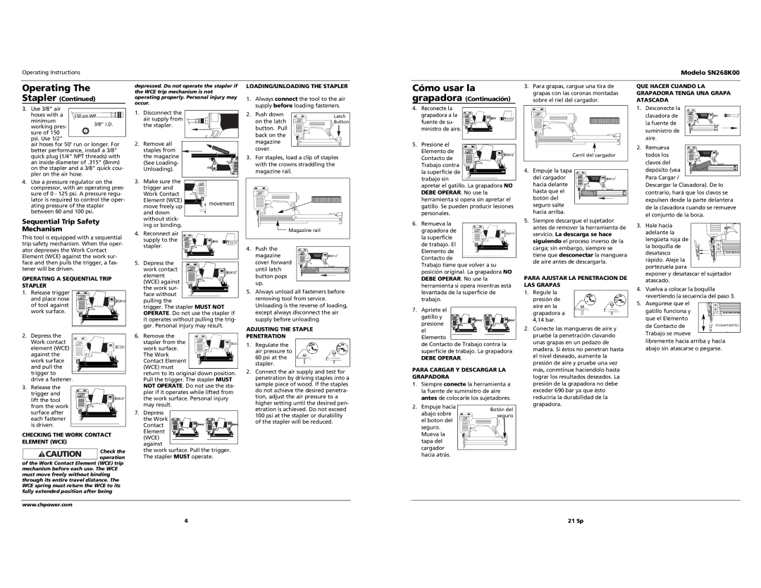 Campbell Hausfeld SN268K00 operating instructions Operating, Cómo usar la, Sequential Trip Safety Mechanism 